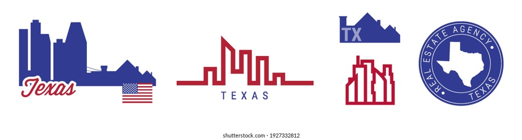 Texas real estate agency. US realty emblem icon set. Flat vector illustration. American flag colors. Big city and suburbs. Simple silhouette map in the round seal stamp.