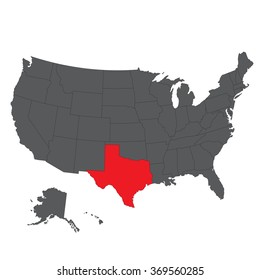 Texas red map on gray USA map vector