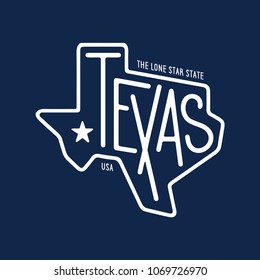 Texas related t-shirt design. The lone star state. Monochrome concept on blue background. Vintage vector illustration.
