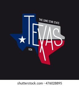 Texas related t-shirt design. The lone star state. Colored concept on black background. Vintage vector illustration.