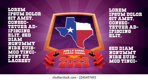 Pancarta de rodeo de Texas 2023, contorno de estado texas en un color de bandera texana, agitando banner rojo, espacio de copia para el anuncio, siluetas de vaquero. Diseño de afiches luminosos para un espectáculo de vaqueros. Ullustación vectorial