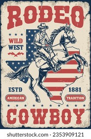 Volante de color rodeo de Texas con vintage de vaquero montado a caballo y silueta de estado en colores de ilustración vectorial de bandera estadounidense