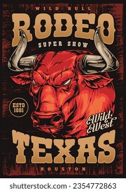 Texas rodeo colorful vintage poster with muzzle ferocious red bull to invite spectators and participants to extreme show vector illustration