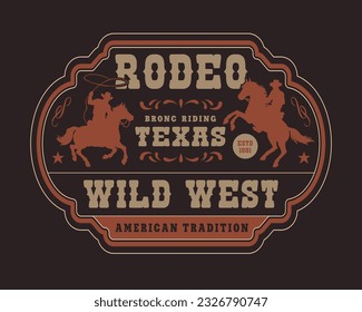 Pegatina texana de rodeo colorida con caballitos americanos salvajes del oeste para el diseño de entradas para festivales ilustración vectorial