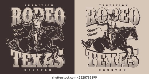 Texas rodeo monochrome vintage sticker with man in cowboy clothes brandishing lasso to catch bull vector illustration