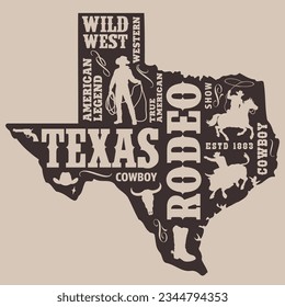 Texas rodeo vintage emblem monochrome map silhouette with bulls and horses near words wild west or American legend vector illustration