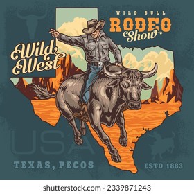 Afiche de la cosecha de rodeo de Texas colorido con hombre valiente en toro corriendo a través de estepa y el salvaje occidente mostrar ilustración vectorial