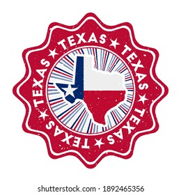 Texas round grunge stamp with US state map and state flag. Vintage badge with circular text and stars, vector illustration.