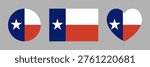 Texas round, heart shaped, rectangular flag icon, badge. Flag of Texas circular, rectangle, heart symbol, sticker. Flag button, banner, sign.