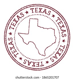 Texas round rubber stamp with us state map. Vintage red passport stamp with circular text and stars, vector illustration.