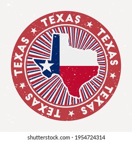 Texas round stamp. Logo of US state with state flag. Vintage badge with circular text and stars, vector illustration.