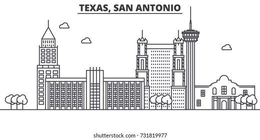 Texas San Antonio architecture line skyline illustration. Linear vector cityscape with famous landmarks, city sights, design icons. Landscape wtih editable strokes