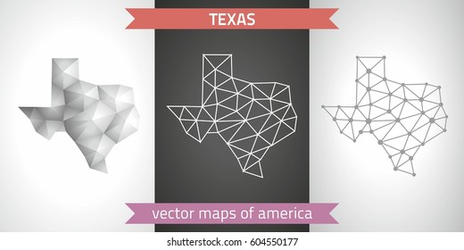 Texas set of grey and silver mosaic 3d polygonal maps.  Graphic vector triangle geometry outline shadow perspective maps