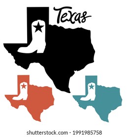 Texas set maps silhouette with cowboy boot. Vector illustration of Texas map silhouette background with country cowboy boot isolated on white for design. Texas sign symbol