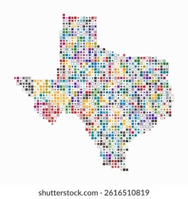 Texas, shape of the state build of colored cells. Digital style map of Texas on white background. Small size square blocks. Simple vector illustration.
