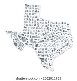 Texas shape text cloud. State border with shadow on white background. Texas with counties division in vintage gazette style. Classy vector illustration.