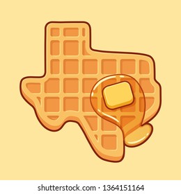 Texas shaped waffle with syrup and butter, cartoon drawing. Traditional American breakfast food vector illustration.