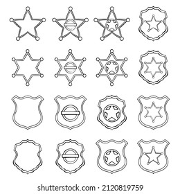 Texas sheriff star badges. Old west stars collection hand drawn vector. Black and white outline isolated on white