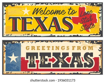 Panneaux horaires texans de style rétro. souvenir de carte de voeux ou d'accueil États-Unis. Modèle d'affiche texan à l'aspect vintage avec drapeau d'État et forme carte du territoire. Images vectorielles.