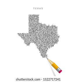 Texas sketch scribble map isolated on white background. Hand drawn vector map of Texas. Realistic 3D pencil with eraser.