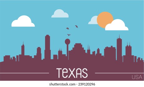 Texas skyline silhouette flat design vector illustration.
