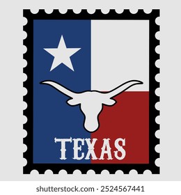 Texas Stamp Design with Lone Star Flag and Longhorn Symbol