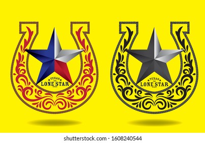 Texas Star with nickname The Lone Star State, decorative swirl elements and horseshoe  rope style, vector eps