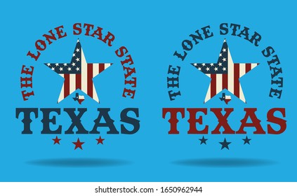 Texas Star with nickname The Lone Star State, and small map, Vector EPS