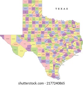 Texas state administrative map with counties. Clolred. Vectored. Yellow, green, blue, pink, violet, orange