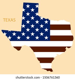 Texas state of America with map. Flag print on map of USA for geographic themes. Map of Texas state.