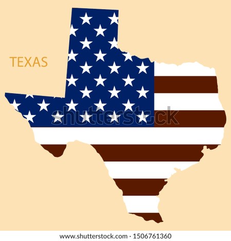 Texas state of America with map. Flag print on map of USA for geographic themes. Map of Texas state.