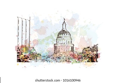 Texas State Capitol Building Austin, Texas  USA. Watercolor splash with hand drawn sketch illustration in vector.