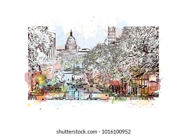Texas State Capitol Building Austin, Texas  USA. Watercolor splash with hand drawn sketch illustration in vector.