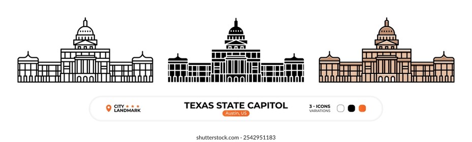 Ícone da Linha do Capitólio do Texas. Austin, Eua
Símbolo de Cor, Sinal de Resfriamento, Traço Editável.
