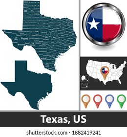 Texas state with counties and location on American map. Vector image