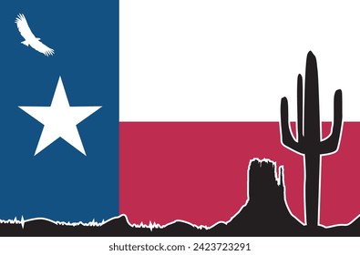 Bandera del estado de Texas ambientada con una silueta del desierto en el fondo
