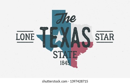 Texas State logo, poster. The Lone Star State. Print for T-shirt, typography. USA Texas flag map vintage design. Vector illustration