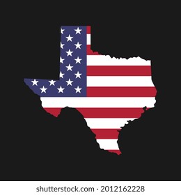 Texas state map with American national flag on black background