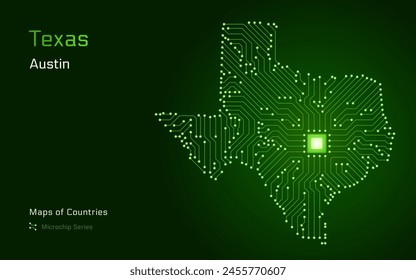 Texas State Map with a capital of Austin Shown in a Microchip Pattern. E-government. USA vector maps. Microchip Series	
