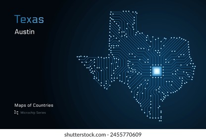 Texas State Map mit einer Hauptstadt von Austin in einem Mikrochip-Muster gezeigt. E-Government. In: USA Vektorgrafik Maps. Mikrochipserie	
