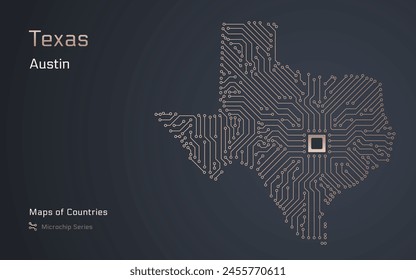 Texas State Map with a capital of Austin Shown in a Microchip Pattern. E-government. USA vector maps. Microchip Series	
