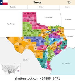 Texas state map with counties borders and colored congressional districts boundaries due to The 2020 United States census and which is valid since 2023. Flag of Texas. Vector