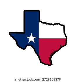 Mapa del estado de Texas con bandera, silueta de la región de la estrella solitaria, conjunto de iconos geográficos de Estados Unidos