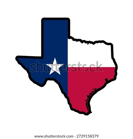 Texas state map with flag, lone star region silhouette, usa geographic icon set