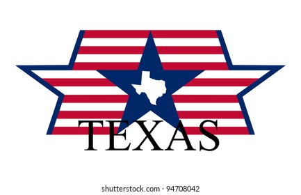 Texas state map, flag and name.