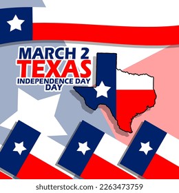 Texas state map with flags, ribbon and bold text to commemorate Texas Independence Day on March 2