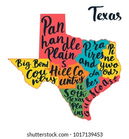 Texas State map. Hand lettering. Vector illustration.