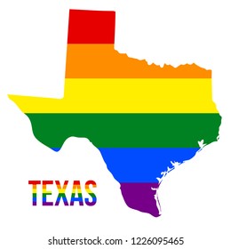 Texas State Map in LGBT Rainbow Flag Comprised Six Stripes With Texas LGBT Text. The Flag Comprised Six Stripes; Meaning to Each of The Colors: Life, Healing, Sunlight, Nature, Serenity and Spirit.