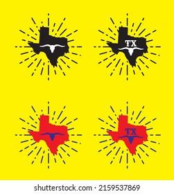 El mapa del estado de Texas con longanornio y acrónimo TX en radio negro en amarillo puede ser utilizado para publicidad planilla de sitio web de banner impresión souvernier café tapón de taza impresión de camisetas