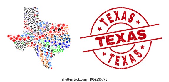 Texas State map mosaic and rubber Texas red round watermark. Texas stamp uses vector lines and arcs. Texas State map mosaic includes gears, houses, lamps, suns, people, and more icons.
